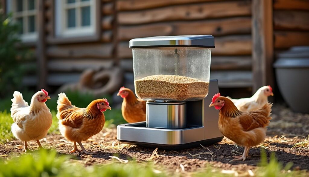 découvrez notre mangeoire automatique pour poules, conçue pour faciliter l’alimentation de votre basse-cour en assurant un apport régulier et pratique, pour des poules toujours bien nourries.